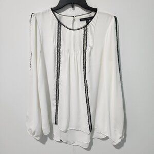 White House Black Market White Long Sleeve Blouse with Black Lace Detail-Size 10